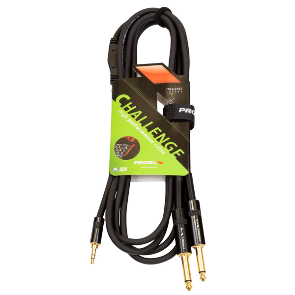 PROEL STAGE Cavo audio professionale "Y" con connessioni spina jack Stereo Yongsheng Ø 3.5 mm (cavo da 16 cm) - 2 x spina jack Mono Ø 6.3 mm Yongsheng. Lunghezza: 3 metri. Colore disponibile: Nero. Altre lunghezze disponibili: visualizzare le specifiche tecniche
