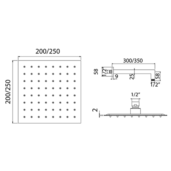 KIT SOFFIONE DOCCIA QUADRO. Misura L. 200x200 - Braccio L. 300 mm