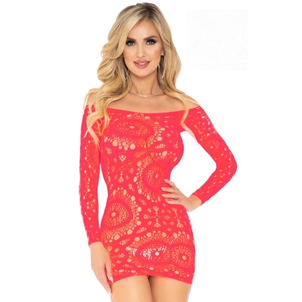 LEG AVENUE MINI ABITO A MANICHE LUNGHE IN PIZZO ALL''UNCINETTO CORALLO TAGLIA UNICA