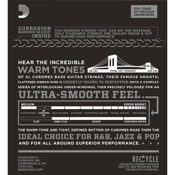 D'ADDARIO 5-String Bass Guitar Strings, Light, 45-132, Super Long Scale. Modello ECB81-5SL