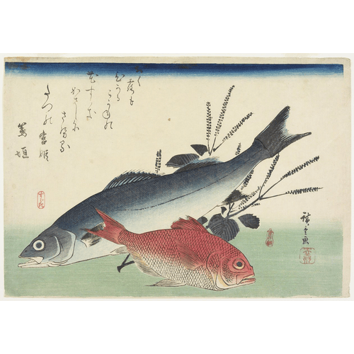 Utagawa Hiroshige Dentice rosso, branzino e perilla, c. 1840