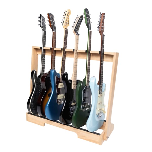 Gator Frameworks GFW-GTR-WD6RK-MPL Supporto in legno per 6 chitarre con finitura in acero naturale<br>