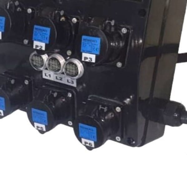 EXTREME QUADRO CORRENTE POWERBOX SPINA 32A TRIFASE 6 PRESE CEE 16A MONOFASE 3 SPIE VOLTOMETRO AMPEROMETRO EMERGENZA 2MT. CAVO 5G6MM2