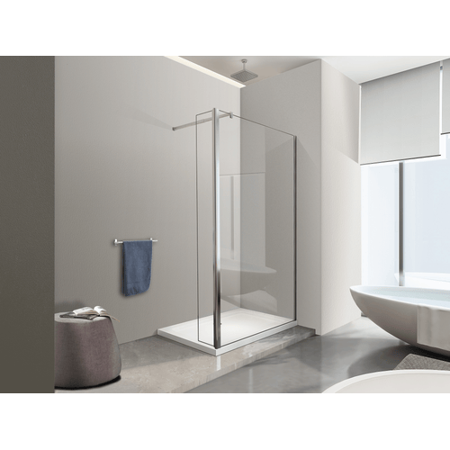 Parete doccia Walk In con anta mobile paraspruzzi vetro temprato 8mm H 200 cm misura 90 cm lastra + 40 cm antina