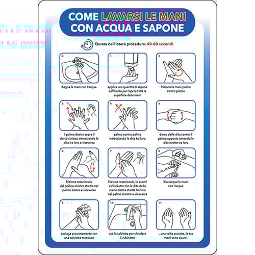 CARTELLO 'COME LAVARSI LE MANI CON ACQUA E SAPONE' cm 20 x 30 - alluminio