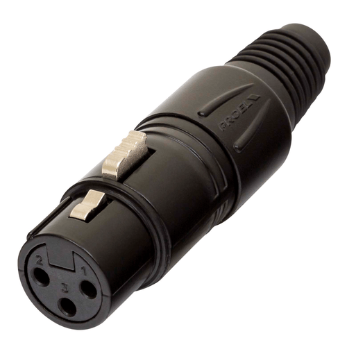PROEL STAGE Presa volante XLR professionale 3 poli, pinza interna in nylon con molla terminale in PVC. Colore: Nero.