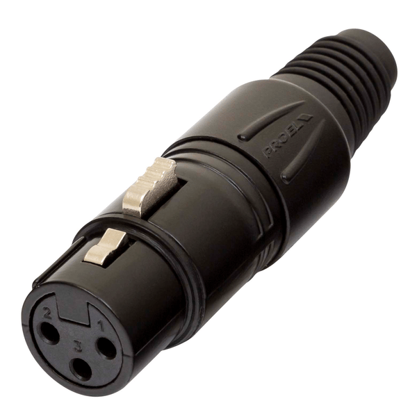 PROEL STAGE Presa volante XLR professionale 3 poli, pinza interna in nylon con molla terminale in PVC. Colore: Nero.