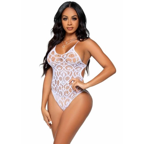 LEG AVENUE SEAMLESS SCROLL LACE TEDDY - WEISS