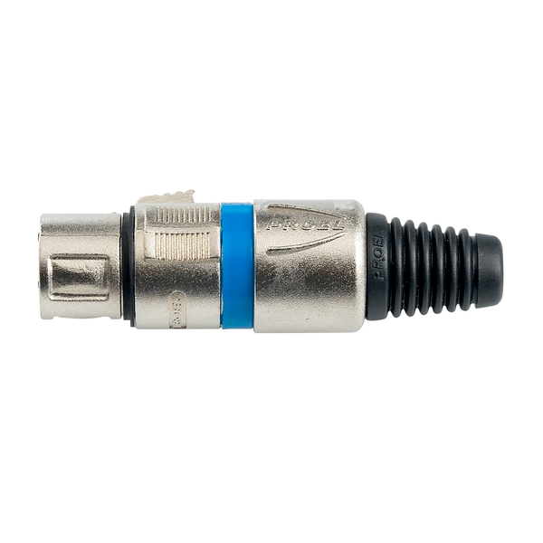 PROEL STAGE Presa volante XLR professionale 3 poli, pinza interna in nylon con molla terminale in PVC. Colore: Argento con anello blu.