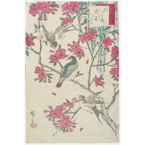 Utagawa Hiroshige Salice, fiori di ciliegio, passeri e rondine, inizio XIX secolo
