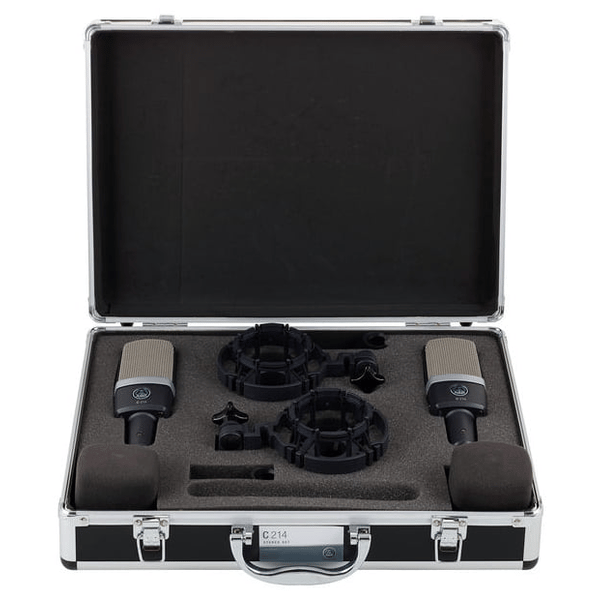 AKG ACOUSTIC AKG C214 SET 2 MICROFONI STUDIO E LIVE A CONDENSATORE LARGO DIAFRAMMA VOCE E STRUMENTI + SOSPENSIONE A RAGNO + CUSTODIA IN METALLO + ADATTATORE E SUPPORTI