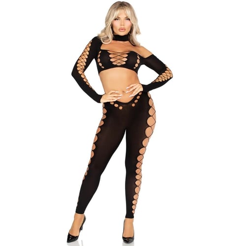 LEG AVENUE - TOP CORTO E LEGGINGS CUT-OUT SENZA CUCITURE NERO