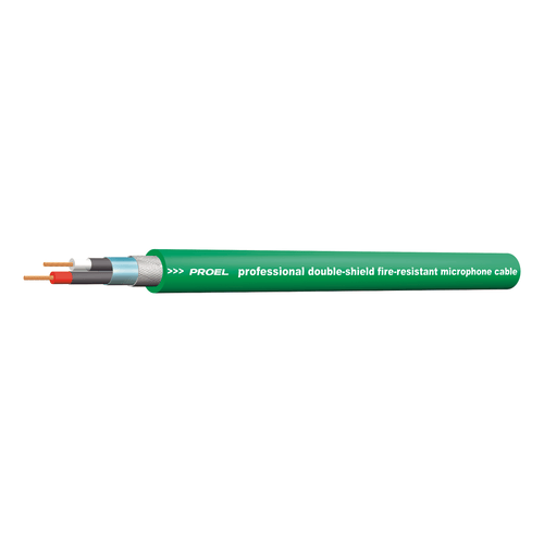 PROEL STAGE Cavo bilanciato per microfono con guaina esterna flessibile antifiamma particolarmente indicato per installazioni fisse. - O.F.C. (Oxygen Free Copper) - Sezione 2 x 0.34 mm2. Colore verde RAL6017. Bobina in legno da 300 m.