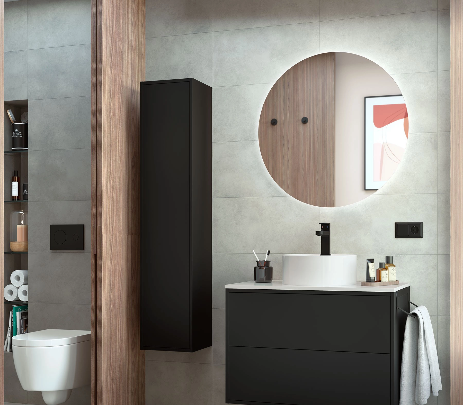 Set Bagno Completo NARCISO 80 cm con Specchio - Nero Opaco