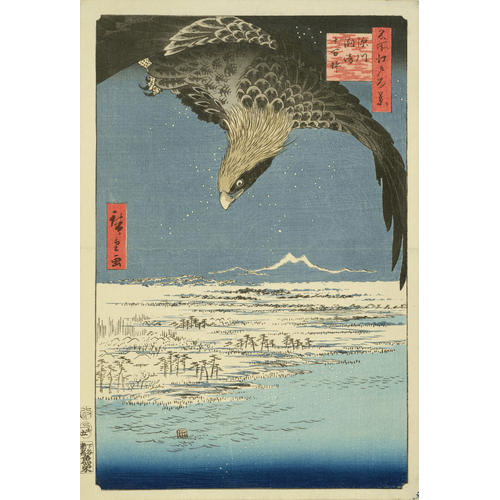 Utagawa Hiroshige Aquila sopra la pianura di 100.000 acri a Susaki, Fukagawa ('Juman-tsubo'), dalla serie '100 Vedute di Edo' ('Meisho Edo hyakkei'), pub. da Uoya Eikichi, 1857