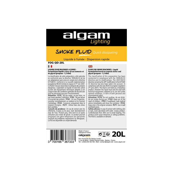 Algam Lighting FOG-QD-20L Liquido Fumo Dispersione Rapida Effetto CO2 20L