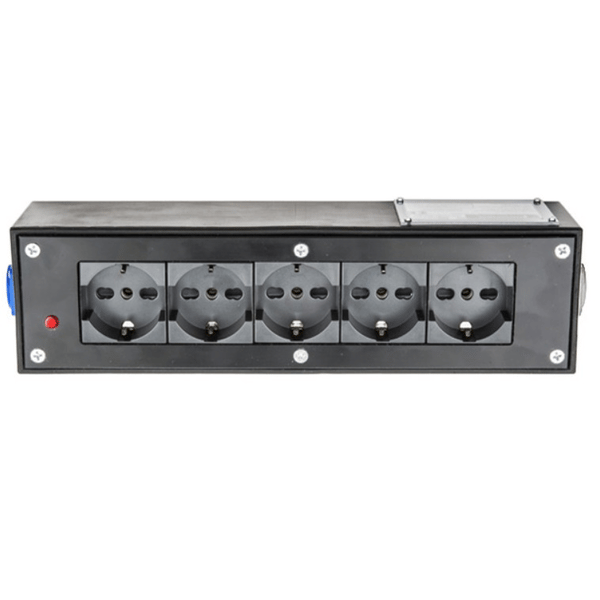 EXTREME POWER-BOX NERO CIABATTA ALIMENTAZIONE PALCO MADE IN ITALY SPIA RETE INGRESSO NEUTRIK POWERCON BLU 20A 3P POWER-IN USCITE 5 SCHUKO LOOP 20A POWER-OUT GREY
