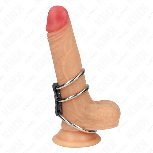 KINK RING POWER KINK - ANELLO PER PENE IN METALLO TRIPLO DA 3,7 CM A 5 CM COLLEGATO CON PELLE