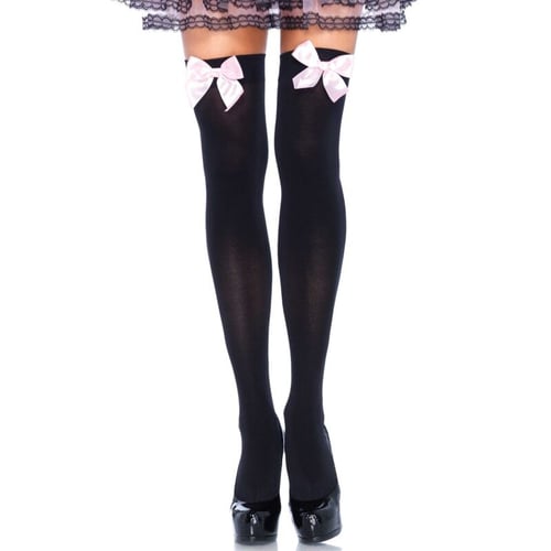 LEG AVENUE CALZE IN NYLON NERO CON FIOCCO ROSA TAGLIA UNICA