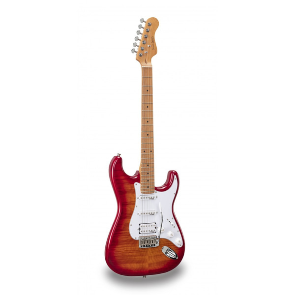 SOUNDSATION Chitarra elettrica double cutaway con 2 single coil + humbucker splittabile e meccaniche autobloccanti (equipaggiata Wilkinson, tastiera e manico in acero roasted, top fiammato). Modello RIDER-DELUXE-M ACSB