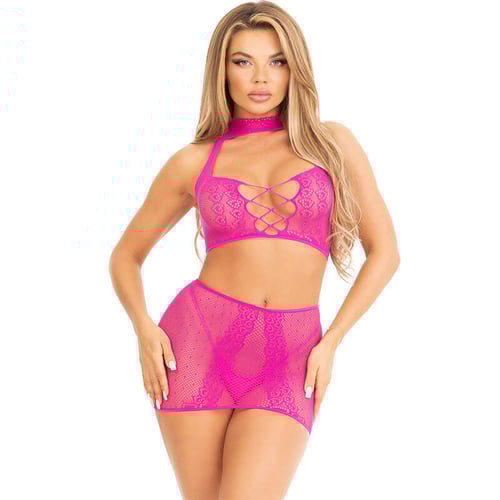LEG AVENUE SETS LEG AVENUE - TOP E GONNA IN PIZZO APERTO FUCSIA
