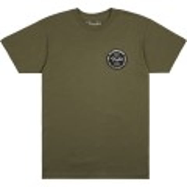 T-shirt Fender Stratocaster™ 70th Anniversary Badge Tee, Olive, XL. Modello 9101293697