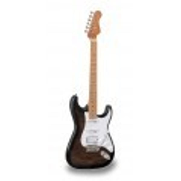 SOUNDSATION Chitarra elettrica double cutaway con 2 single coil + humbucker splittabile e meccaniche autobloccanti (equipaggiata Wilkinson, tastiera e manico in acero roasted, top fiammato). Modello RIDER-DELUXE-M TRBK