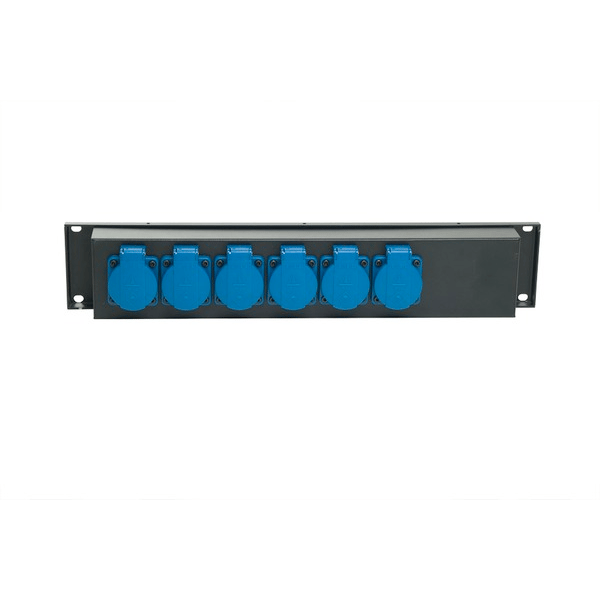 PROEL STAGE Modulo di distribuzione 2U rack 19 cablato, dotato di n. 1 spina da pannello diritta CEE 16A - 2P+T - IP67 - 230V~ - h6 (DIN VDE 0623, EN 60309-2) e n. 6 prese da pannello Schuko 16A - 2P+T - IP54 - 230V~ (DIN 49440-1).