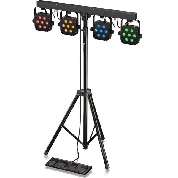 STAIRVILLE STAGE TRI LED BUNDLE COMPLETE 4 PAR LED SU BARRA-T CON STATIVO PEDALIERA A 4 INTERRUTTORI E BORSA