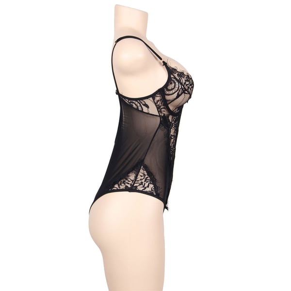 SUBBLIME QUEEN PLUS FLORAL LACE UND FRINGED BLACK TEDDY