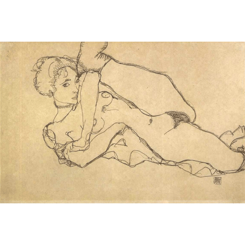 Egon Schiele Nudo sdraiato con gamba sinistra piegata
