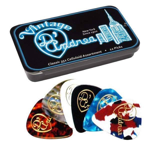 D'ANDREA 12 plettri Classic Celluloid Heavy in scatola di metallo. Modello TNVCH