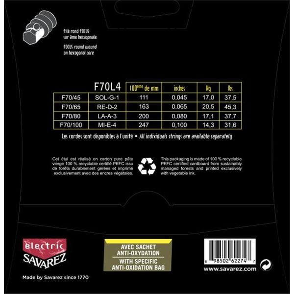 Savarez F70L4 Corde Focus per Basso Elettrico 45-100, Set/4