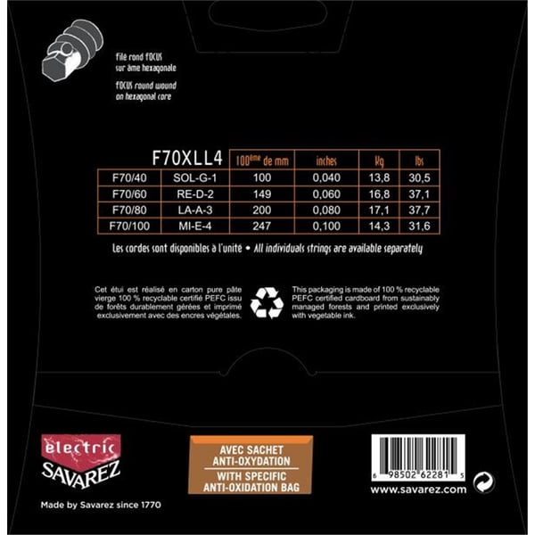 Savarez F70XLL4 Corde Focus per Basso Elettrico 40-100, Set/4