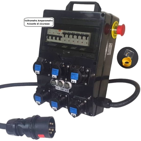 EXTREME QUADRO CORRENTE POWERBOX SPINA 32A TRIFASE 6 PRESE CEE 16A MONOFASE 3 SPIE VOLTOMETRO AMPEROMETRO EMERGENZA 2MT. CAVO 5G6MM2