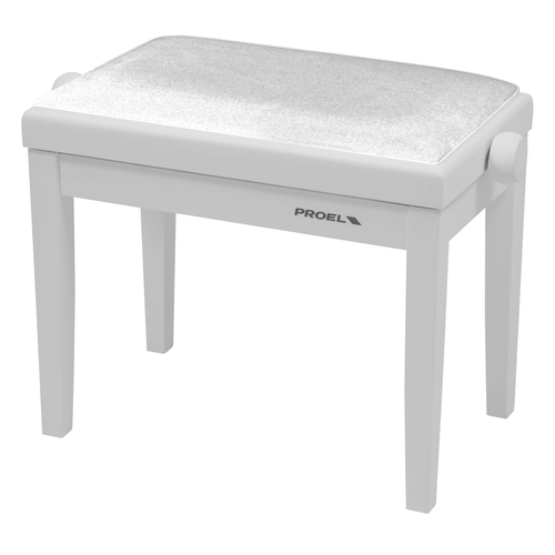 PROEL STAGE Panca Professionale Regolabile in Legno per Piano ed Organo, Telaio Bianco Opaco, Cuscino Imbottito con Rivestimento in Velluto Bianco