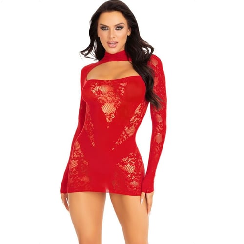 LEG AVENUE DRESSES LEG AVENUE - MINI ABITO CON PIZZO MANICA LUNGA ROSSO