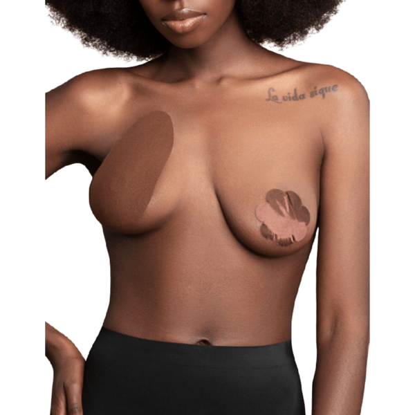 BYE BRA BREAST LIFT PADS + 3 PAIRS OF SATIN NIPPLE COVERS - DARK BROWN SIZE D-F