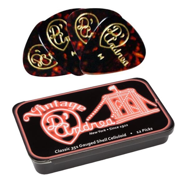 D'ANDREA 12 plettri Classic Shell in scatola di metallo Heavy. Modello TNVSH-351HV