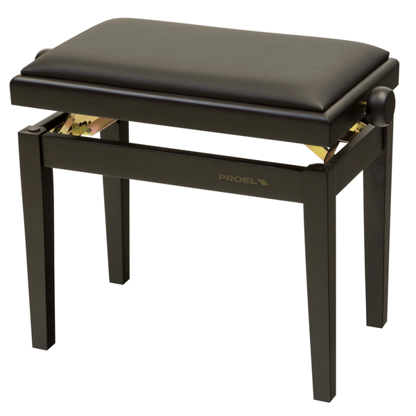 PROEL STAGE Panca professionale regolabile in legno per piano ed organo. Telaio Nero opaco. Cuscino imbottito con rivestimento in similpelle nera.