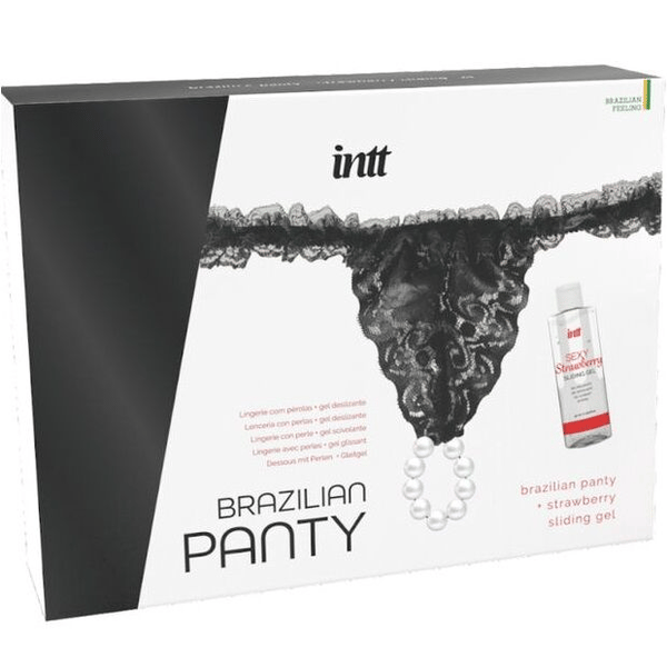 INTT - CULOTTE BRÉSILIENNE NOIRE AVEC PERLES ET GEL LUBRIFIANT 50ML