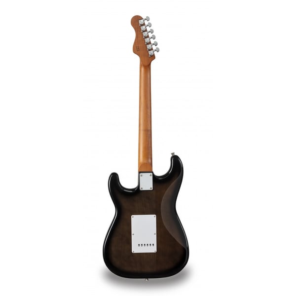 SOUNDSATION Chitarra elettrica double cutaway con 2 single coil + humbucker splittabile e meccaniche autobloccanti (equipaggiata Wilkinson, tastiera e manico in acero roasted, top fiammato). Modello RIDER-DELUXE-M TRBK