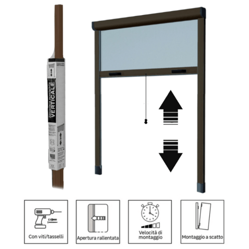 Zanzariera Verticale A Molla Con Freno In KIT DA TAGLIO Colore Marrone RAL 8017