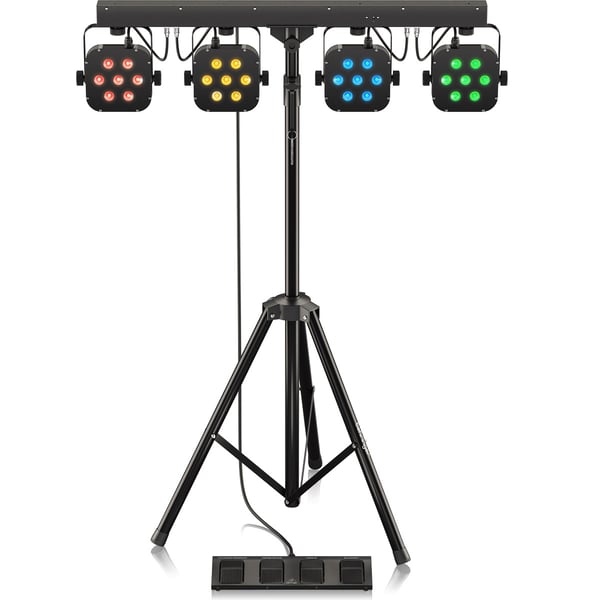 STAIRVILLE STAGE TRI LED BUNDLE COMPLETE 4 PAR LED SU BARRA-T CON STATIVO PEDALIERA A 4 INTERRUTTORI E BORSA