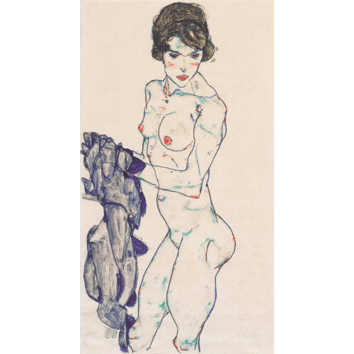 Egon Schiele Nudo femminile in piedi con telo blu