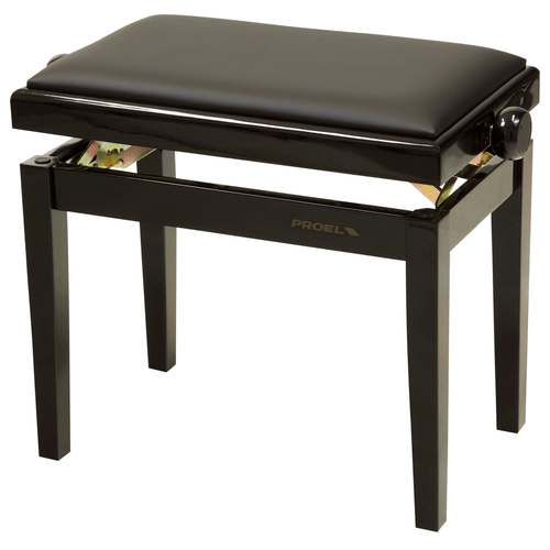 PROEL STAGE Panca professionale regolabile in legno per piano ed organo. Telaio Nero lucido. Cuscino imbottito con rivestimento in similpelle nera.