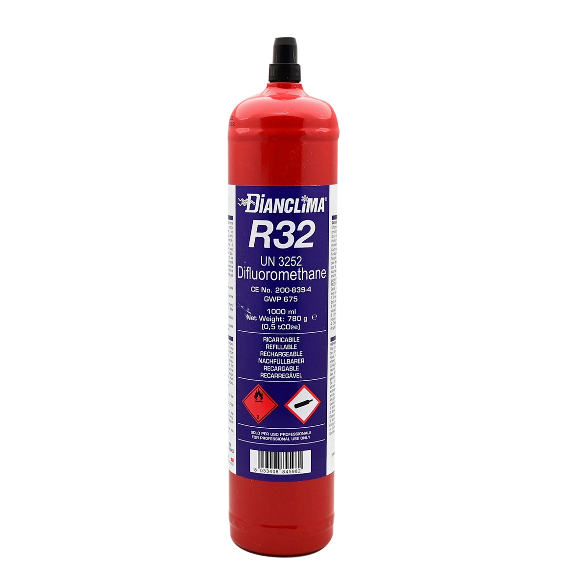 BOMBOLA RICARICABILE CONTENENTE GAS REFRIGERANTE R32. Misura 780 gr