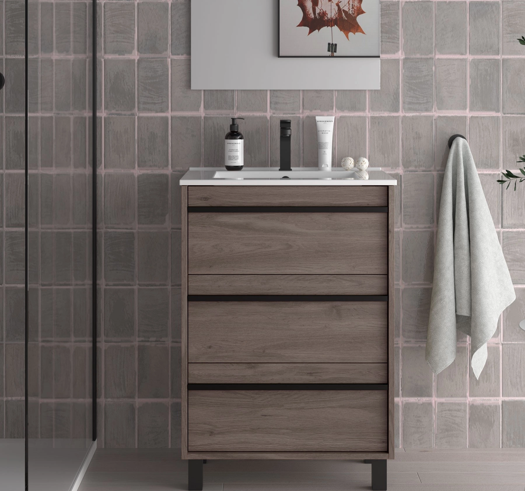 Set Bagno Completo PRIMULA 80 cm con Specchio - Rovere Eternity