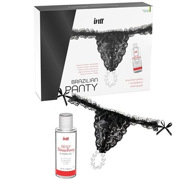 INTT - CULOTTE BRÉSILIENNE NOIRE AVEC PERLES ET GEL LUBRIFIANT 50ML