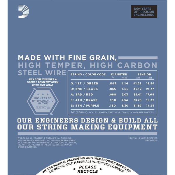 D'ADDARIO 5-String ProSteels Bass Guitar Strings, Light, 45-130, Long Scale. Modello EPS170-5